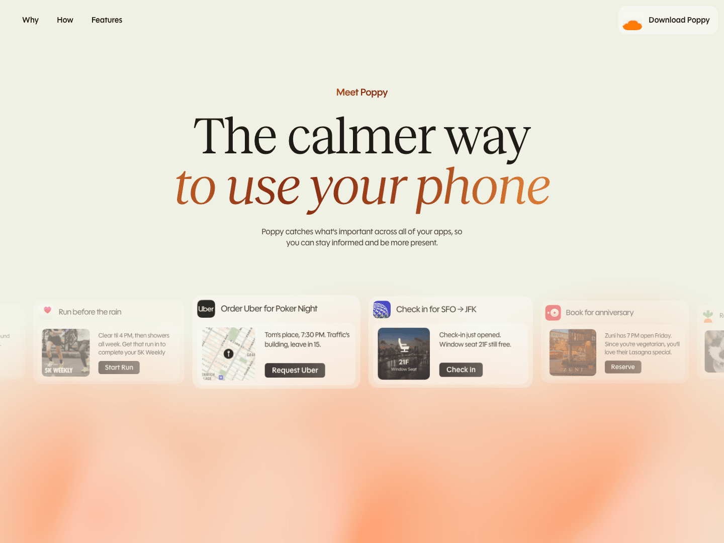 getpoppy.app: the calmer way to use your phone, with proactive suggestion cards for a run, an Uber, a flight check-in, and a dinner reservation