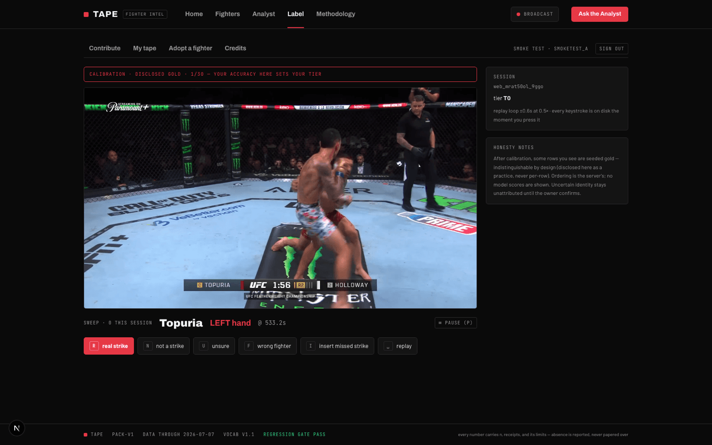 The review tool: one flagged moment at a time, judged with single keystrokes