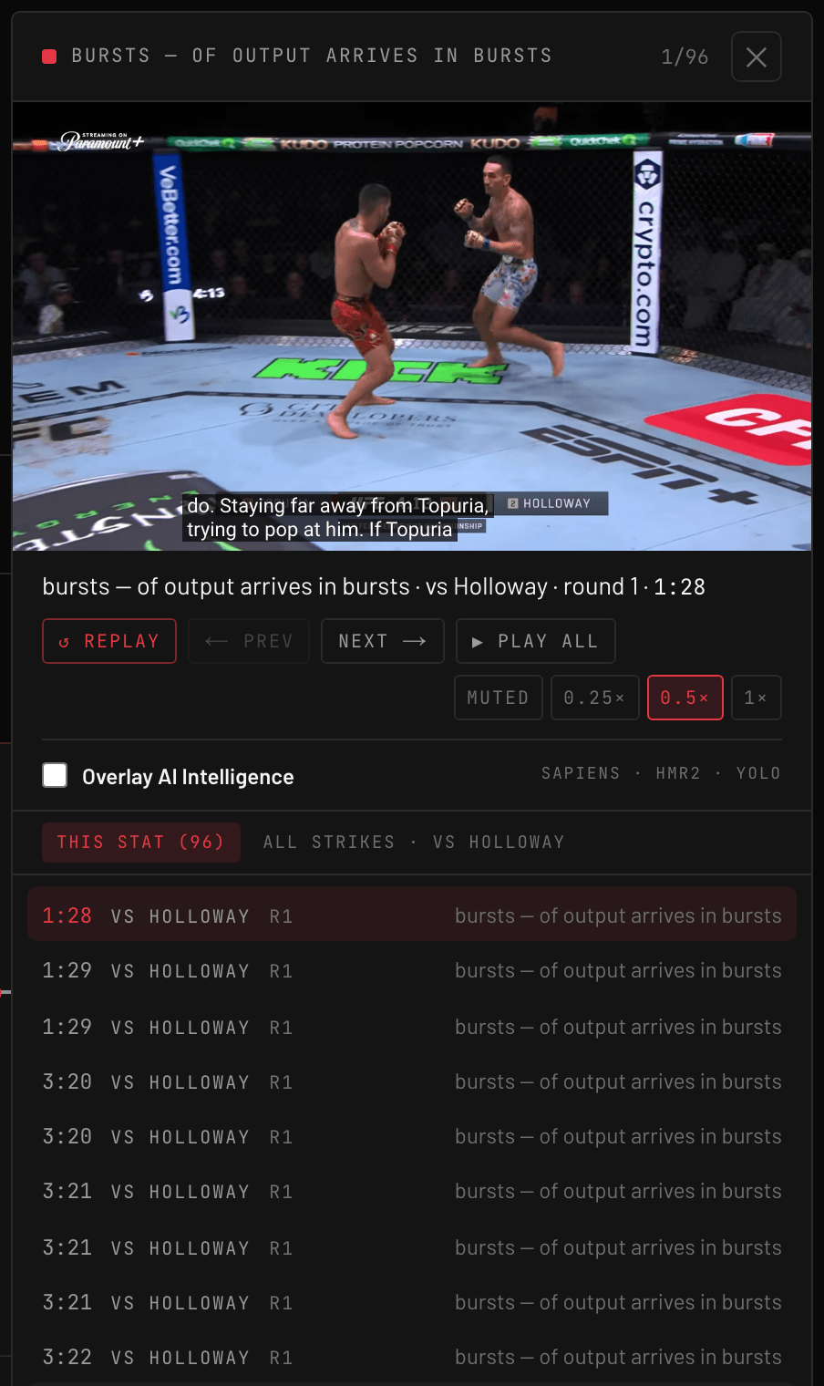 The picture-in-picture clip viewer: a stat's receipts as a playlist of timestamped moments, each one playable